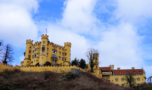 Hohenschwangau, Ostallgau, Bavaria / Germany - March 2018: Exterior view of historic Hohenschwangau Castle, childhood home of King Ludwig II of Bavaria.