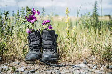 Wanderschuhe mit Wiesenblumen