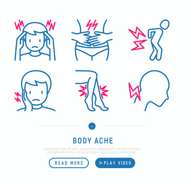 Body aches thin line icons set: migraine, chest pain, menstrual, joint, arthritis, rheumatism, toothache. Modern vector illustration.