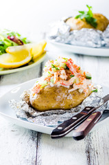 Swedish topped backed potato with shrimp