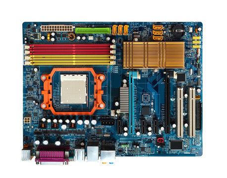 Motherboard  in blue with slots PCI,  AGP, DDR, CPU  Visible heat sink. View from above