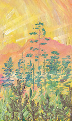 Oil Painting on canvas. Dawn in the mountains. Sun rays in the golden sky. In the background there are tall trees, in the foreground young pine trees grow. Rough texture of large brush strokes.