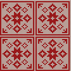 Traditional scandinavian pattern. Nordic ethnic seamless knitted background. Textures in red and white colors. Vector illustration. Can use for warm clothes design, Christmas and new year background