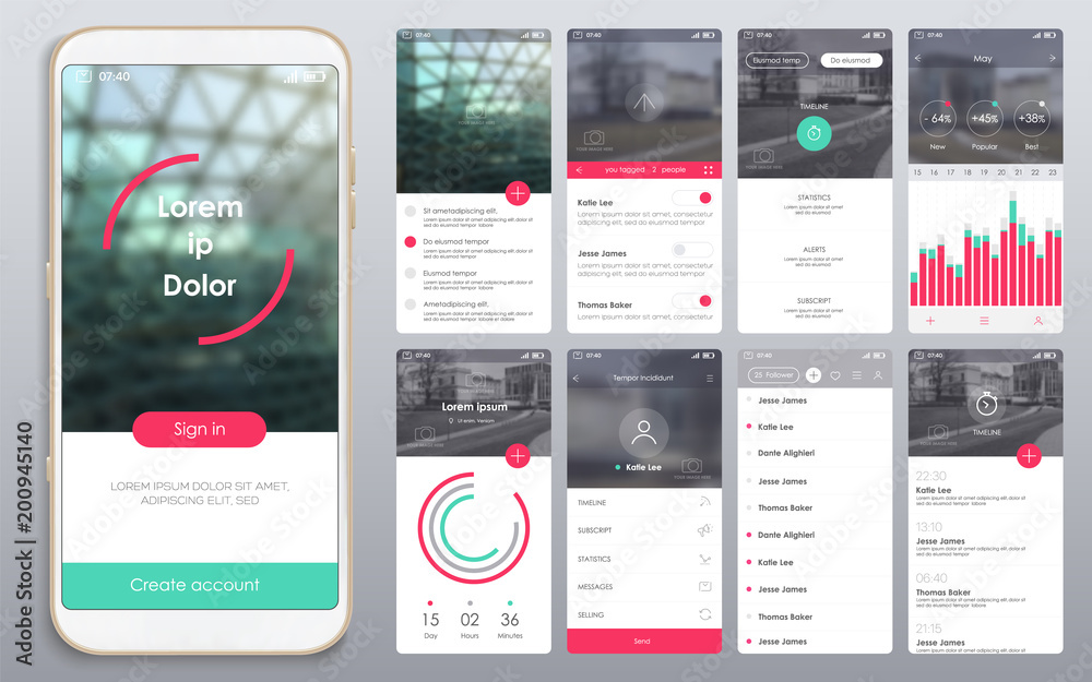 Wall mural design of the mobile application, ui, ux. a set of gui screens with login and password input, home p