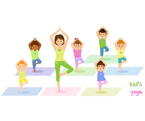 Children do yoga with a yoga instructor.Isolated on white background. Vector illusrtation