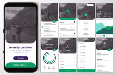 Design of the mobile application, UI, UX. A set of GUI screens with login and password input, home page, news feed, rating and statistics, settings.