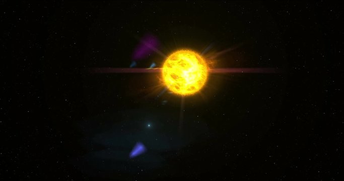 Sunrise in distant solar system. Sun over earth-like exoplanet with moon on orbit and stars in background. Concept animation of space, science, astronomy and technology.