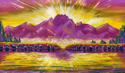 Oil Painting on canvas. Mountain lake with reflections. Mountain in the background of the rising sun. Rough texture of large brush and palette knife strokes.