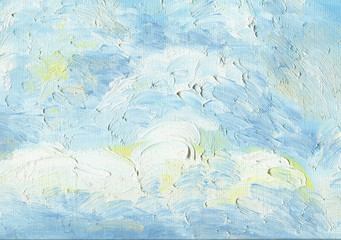 Oil painting on canvas. Rough texture of a white air cloud, illuminated by bright sunlight. Summer sky.  Large brush stroke texture.