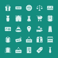 Modern Simple Set of clothes, shopping Vector fill Icons. ..Contains such Icons as jacket,  christmas, cheque,  business,  message,  free and more on green background. Fully Editable. Pixel Perfect.
