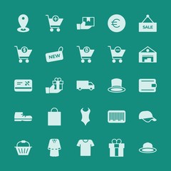 Modern Simple Set of clothes, shopping Vector fill Icons. ..Contains such Icons as  style,  holiday, basket, cash, hat,  design,  mail, map and more on green background. Fully Editable. Pixel Perfect.
