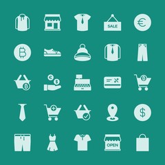 Modern Simple Set of clothes, shopping Vector fill Icons. ..Contains such Icons as cash,  shirt, usd,  dress,  clothing,  vector,  casual and more on green background. Fully Editable. Pixel Perfect.