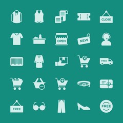 Modern Simple Set of clothes, shopping Vector fill Icons. ..Contains such Icons as  check,  emblem,  blue, sunglasses,  high,  belt,  gift and more on green background. Fully Editable. Pixel Perfect.