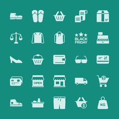 Modern Simple Set of clothes, shopping Vector fill Icons. ..Contains such Icons as  shop,  check,  shoes,  wear,  bank,  counter, clothing and more on green background. Fully Editable. Pixel Perfect.