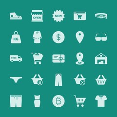 Modern Simple Set of clothes, shopping Vector fill Icons. ..Contains such Icons as  label, clothing,  business, buy,  supermarket,  exit and more on green background. Fully Editable. Pixel Perfect.