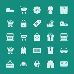 Modern Simple Set of clothes, shopping Vector fill Icons. ..Contains such Icons as new,  young,  icon, fashion,  style,  shop,  pocket, hat and more on green background. Fully Editable. Pixel Perfect.