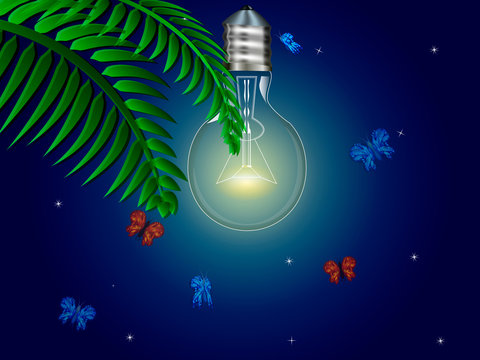 One electric bulbs switched on night. Night butterflies and a branch of a palm tree. Vector illustration