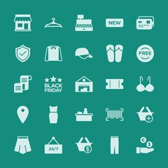 Modern Simple Set of clothes, shopping Vector fill Icons. ..Contains such Icons as store,  commerce,  finance,  24, cashier,  hook, money and more on green background. Fully Editable. Pixel Perfect.
