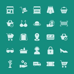 Modern Simple Set of clothes, shopping Vector fill Icons. ..Contains such Icons as  fashion,  business,  young, lock, cart,  value, store and more on green background. Fully Editable. Pixel Perfect.