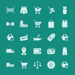 Modern Simple Set of clothes, shopping Vector fill Icons. ..Contains such Icons as  justice, finance,  payment,  card,  shop,  exit, skirt and more on green background. Fully Editable. Pixel Perfect.
