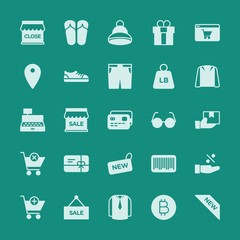 Modern Simple Set of clothes, shopping Vector fill Icons. ..Contains such Icons as winter,  cryptocurrency,  cart,  badge,  line,  woman and more on green background. Fully Editable. Pixel Perfect.
