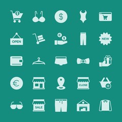 Modern Simple Set of clothes, shopping Vector fill Icons. ..Contains such Icons as  distribution,  warehouse,  sign,  retail, storage,  add and more on green background. Fully Editable. Pixel Perfect.