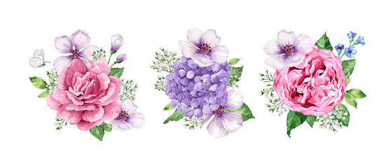 Set of flower Bouquets apple tree flower, gypsophila in watercolor style isolated on white background. For greeting cards, prints. All elements are editable.
