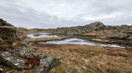 Fototapeta na wymiar Beautiful landscape with a pond in the Rovaer island in Rovaer archipelago in Haugesund, Norway.
