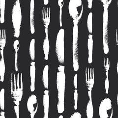 Seamless pattern of spoons, knife, fork painted by chalk on blackboard. Menu. Restaurant. - 200953376
