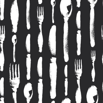 Seamless pattern of spoons, knife, fork painted by chalk on blackboard. Menu. Restaurant.