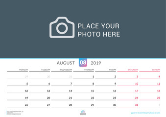 Wall calendar for August 2019. Vector design print template with place for photo. Week starts on Monday. Landscape orientation