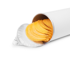 Potato chips in a cylindrical package close-up isolated on white background