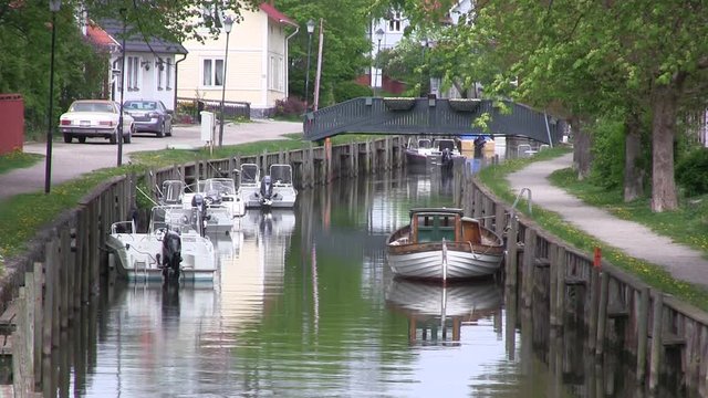 Canal with boats in Trosa, Sweden.