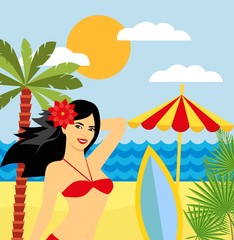 Tropical landscape with beach , sea, palm trees and girl in bikini . Summer background with sea, palm trees, beach umbrella, surfboard.