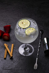 Glass of gin tonic cucumber,lime and ice