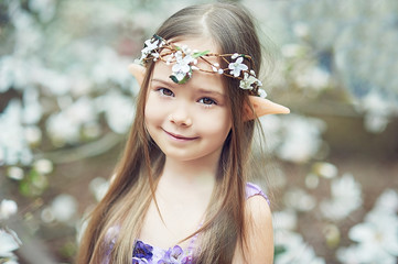fairy tale girl. Portrait of mystic elf child. Cosplay character.