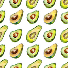 Exotic green avocado wild fruit in a watercolor style pattern. Full name of the fruit: avocado. Aquarelle wild fruit for background, texture, wrapper pattern or menu.