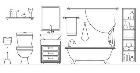 Linear vector bathroom. Plan of the restroom with furniture arrangement. Vector. Drawing. Illustration in an outline style.