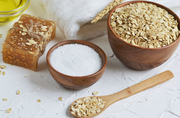 Natural Ingredients for Homemade Oatmeal Body Face Scrub Soap Beauty Concept Organic Eco Healthy Lifestyle