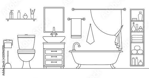 "Linear vector bathroom. Plan of the restroom with furniture