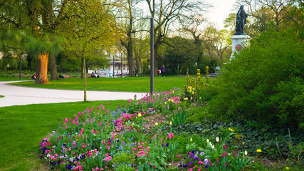 Spring flowers in Reims Colbert park near the central railway station, France