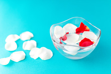 Rose petals in a bowl of water. SPA concept, cosmetics, procedure, treatment.
