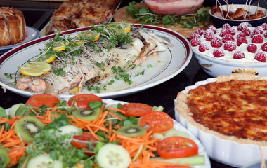 Easter Sunday Buffet Food Spread (Fresh Salmon, Quiche, Salad, Raspberry Dessert) 