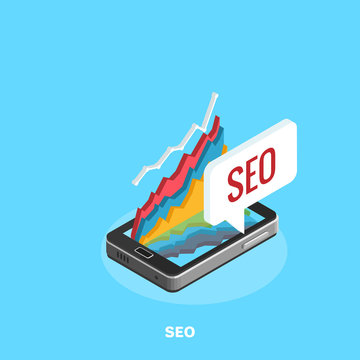 chart on the smartphone screen and the word SEO, isometric image