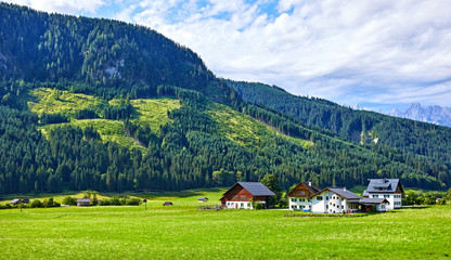 Fototapeta na wymiar Traditional village among Austrian meadows, fields and Alpine