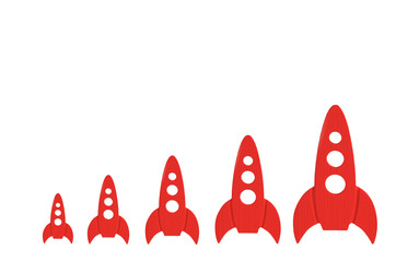 Red rockets are in order of increasing on a white background. The concept of space and technology,...