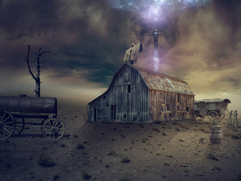 Fantasy manipulation - a mystical ritual on the roof of an old barn