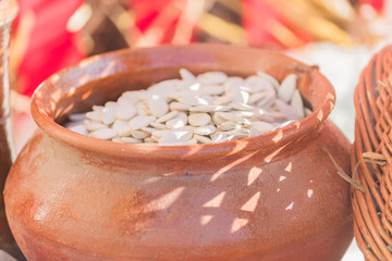 pumpkin seeds in a bowl closeup