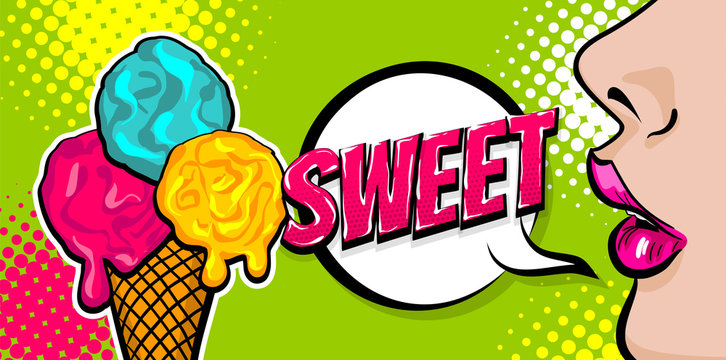 Sweet colored poster comic text speech bubble design. Summer kitsch dessert party advertise. Profile face beautiful woman pop art style. Wow shocked face vintage girl ice cream cone.