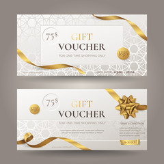 Set of stylish gift voucher with golden ribbons, a realistic bow and ornamental patterns. Vector elegant template for gift card, coupon and certificate. Isolated from the background.